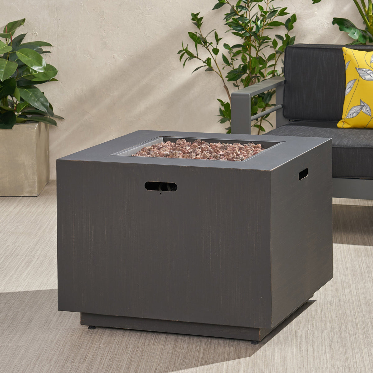 Outdoor Iron Square Propane Fire Pit with 50,000 BTU - Brushed Brown