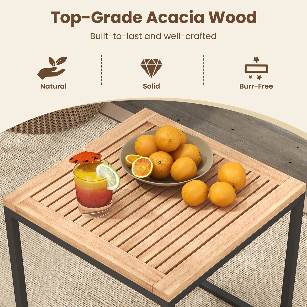 5 Piece Outdoor Furniture Set Acacia Wood Chair Set with Ottomans and Coffee Table-Beige