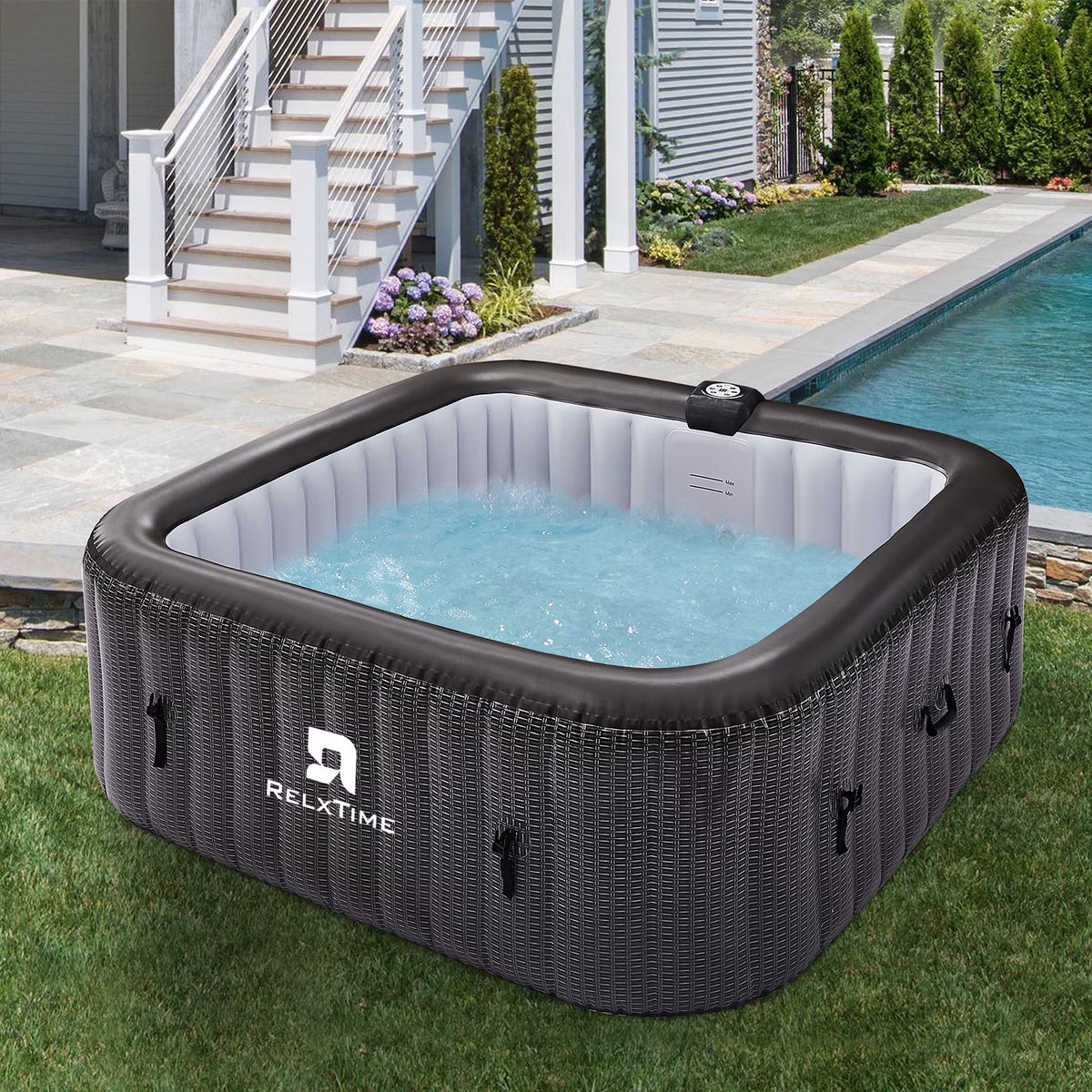73" 4-6 Person Inflatable Hot Tub Outdoor Square Spa Pool Built in Heater Pump, 130 Massage Jets, Black