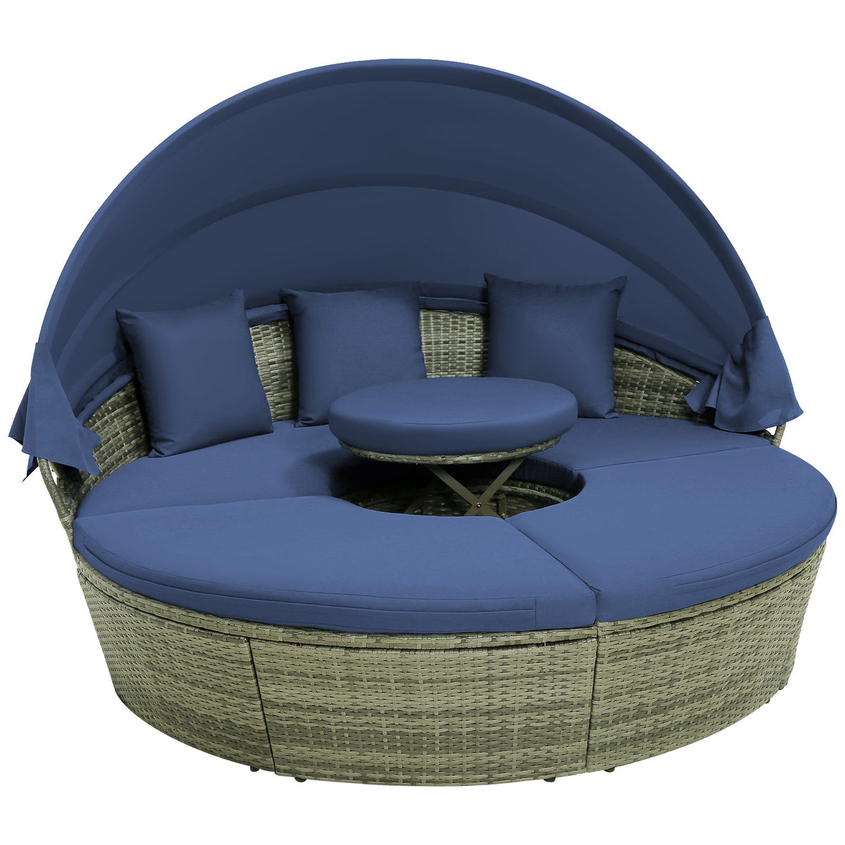 Outdoor PE Wicker Round Daybed with Retractable Canopy and Cushions-Navy