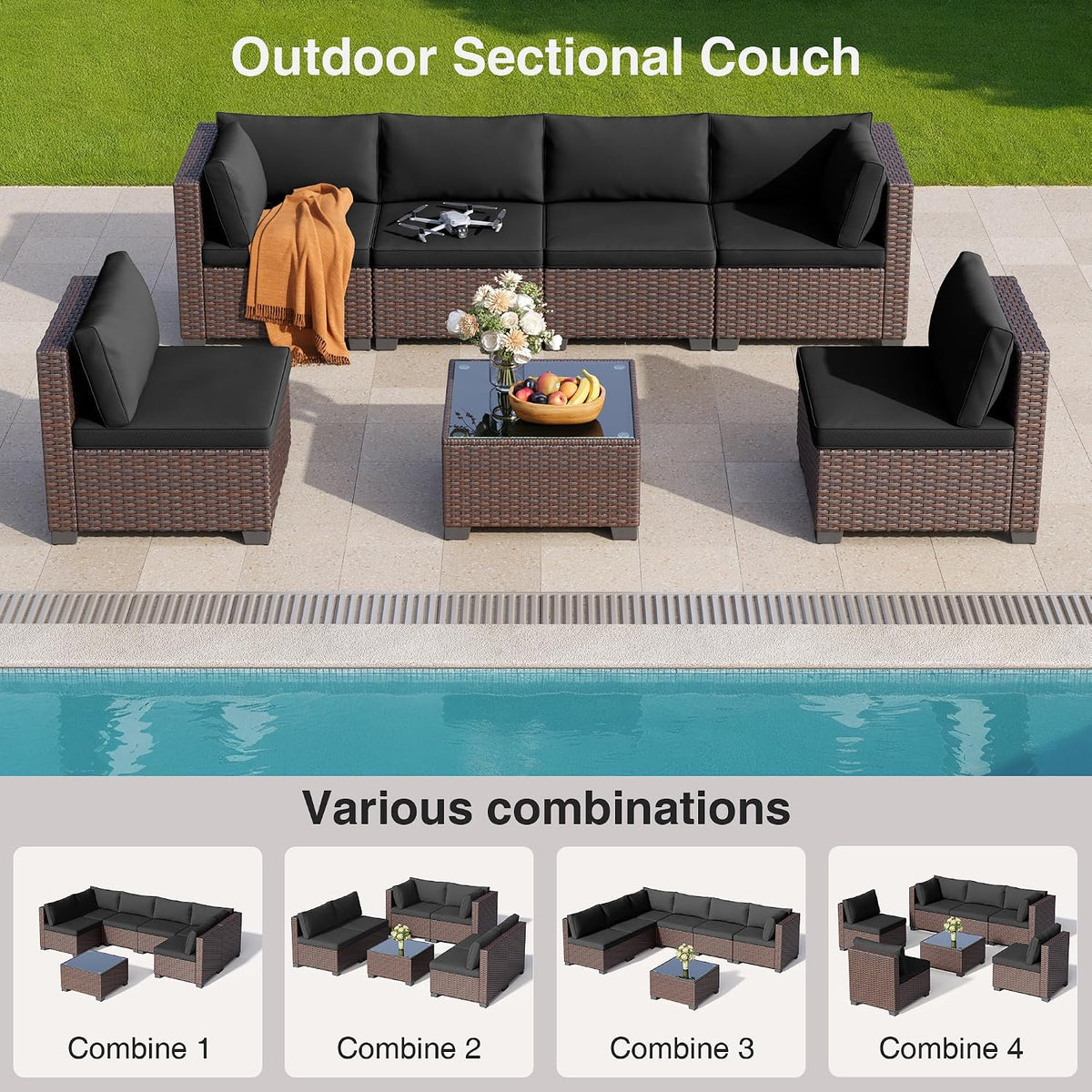 7 Pieces Outdoor Patio Furniture Set, All-Weather PE Rattan Outdoor Patio Sectio